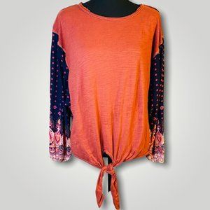 Umgee Boho Size Small Orange and Blue Long Sleeve Top Tie Waist, Western Hippie